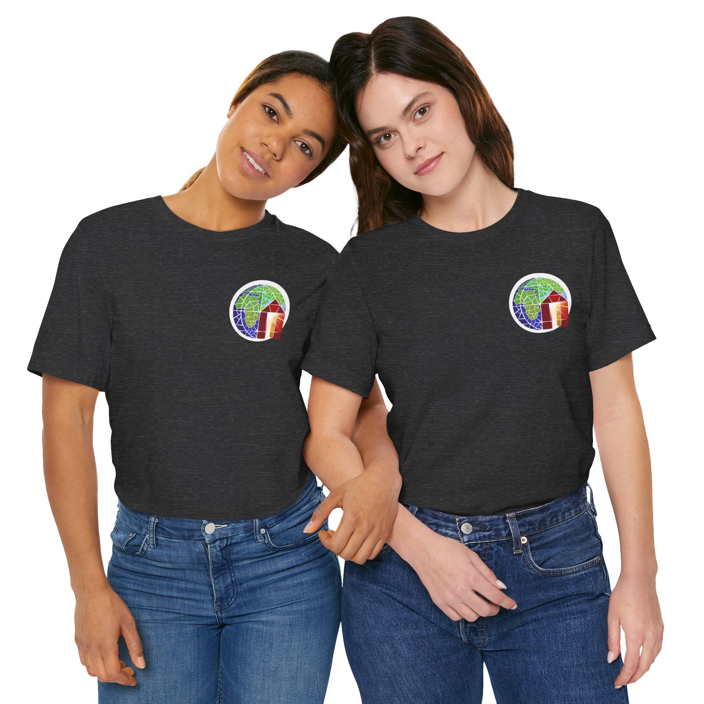 Copy of Large Earth & Cabin Pocket Tee — Small Colorful Globe Cabin Chest Graphic T-Shirt