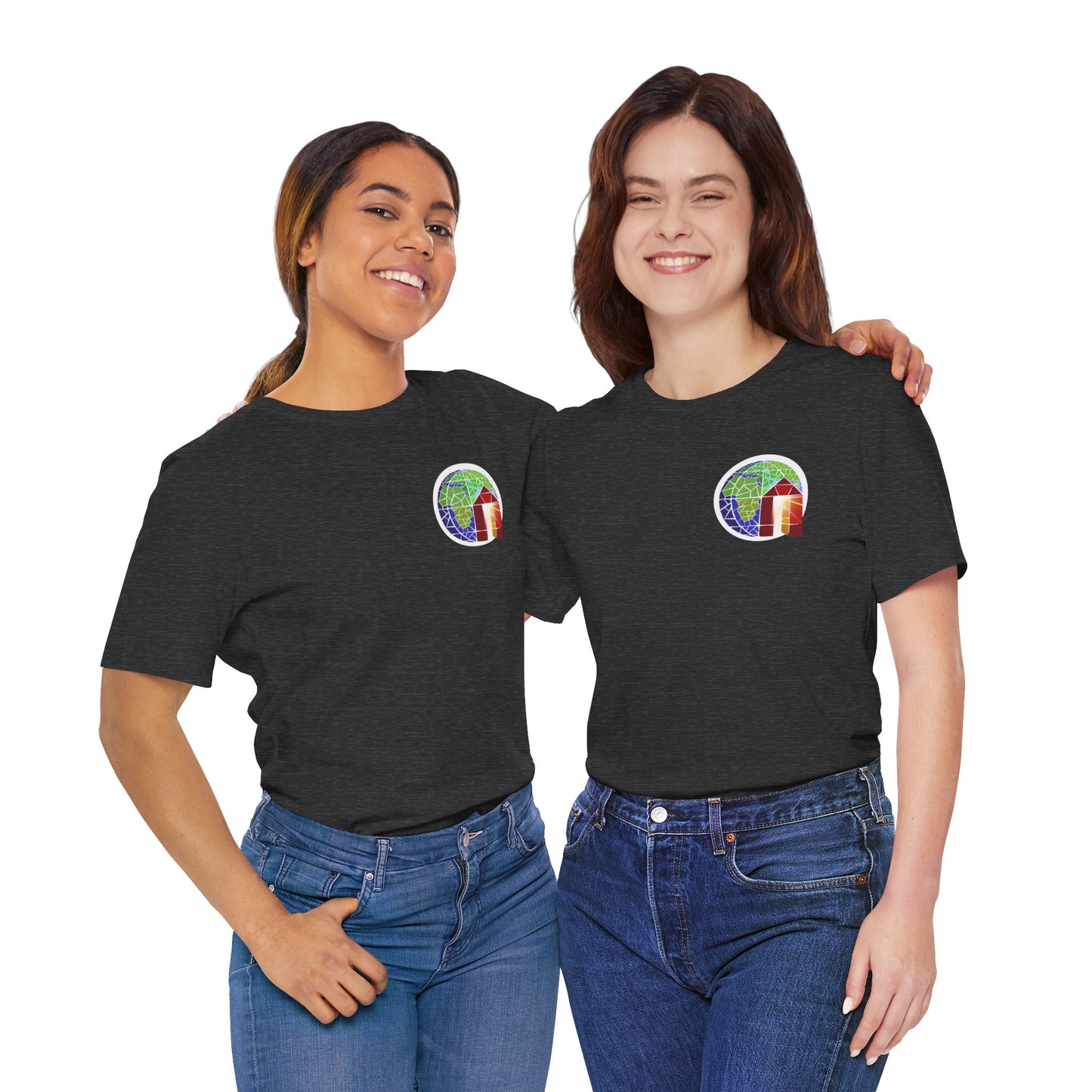 Copy of Large Earth & Cabin Pocket Tee — Small Colorful Globe Cabin Chest Graphic T-Shirt