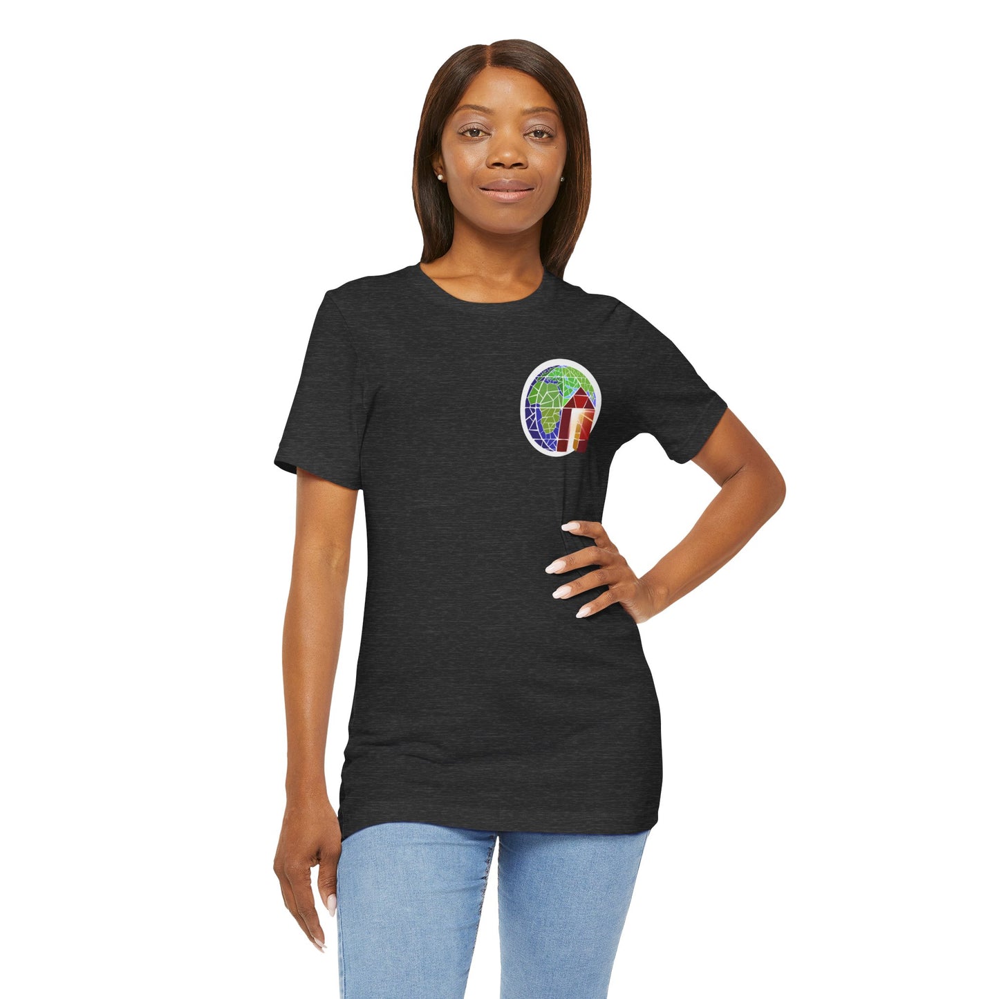 Copy of Large Earth & Cabin Pocket Tee — Small Colorful Globe Cabin Chest Graphic T-Shirt
