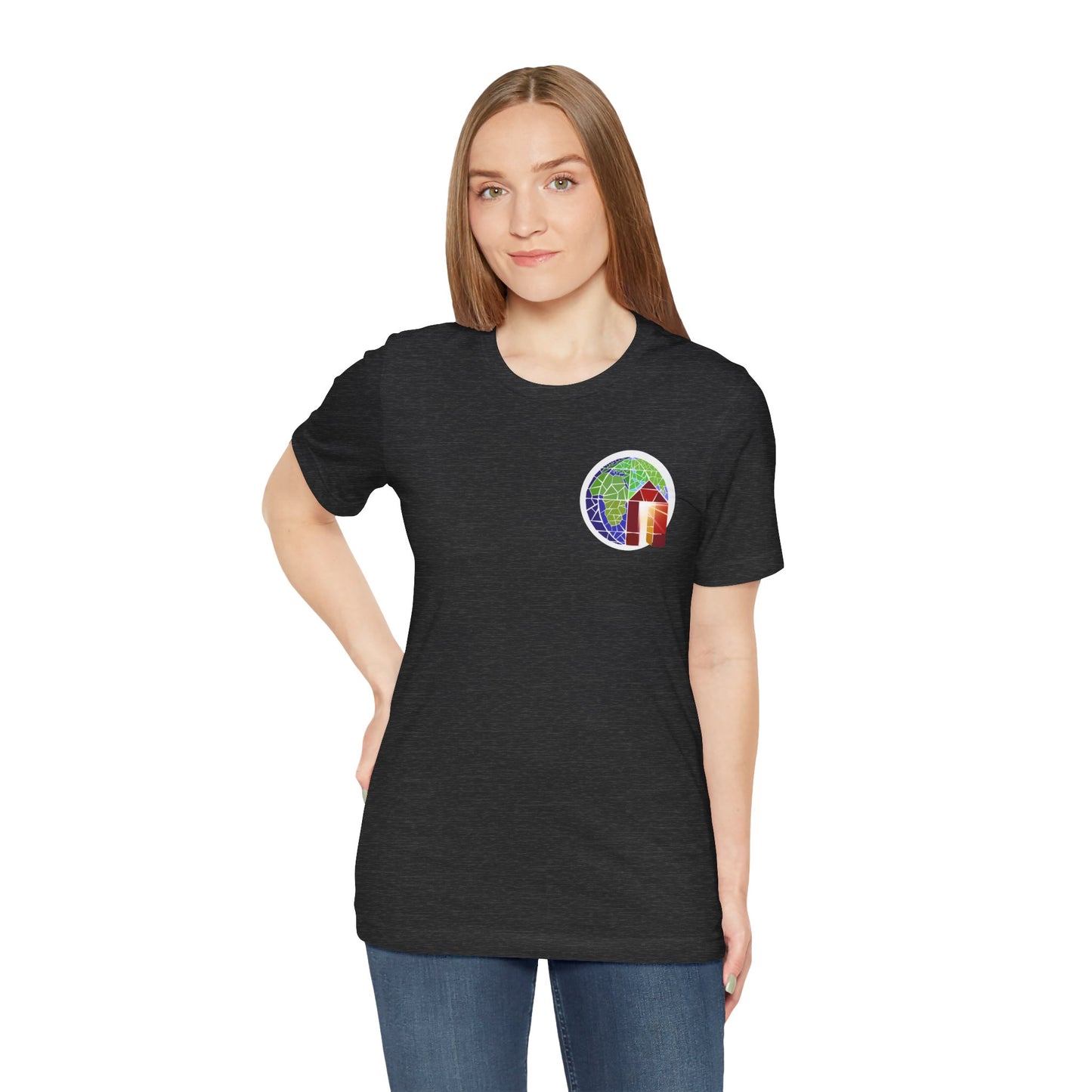 Copy of Large Earth & Cabin Pocket Tee — Small Colorful Globe Cabin Chest Graphic T-Shirt