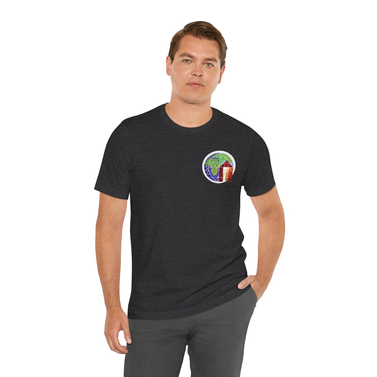 Copy of Large Earth & Cabin Pocket Tee — Small Colorful Globe Cabin Chest Graphic T-Shirt