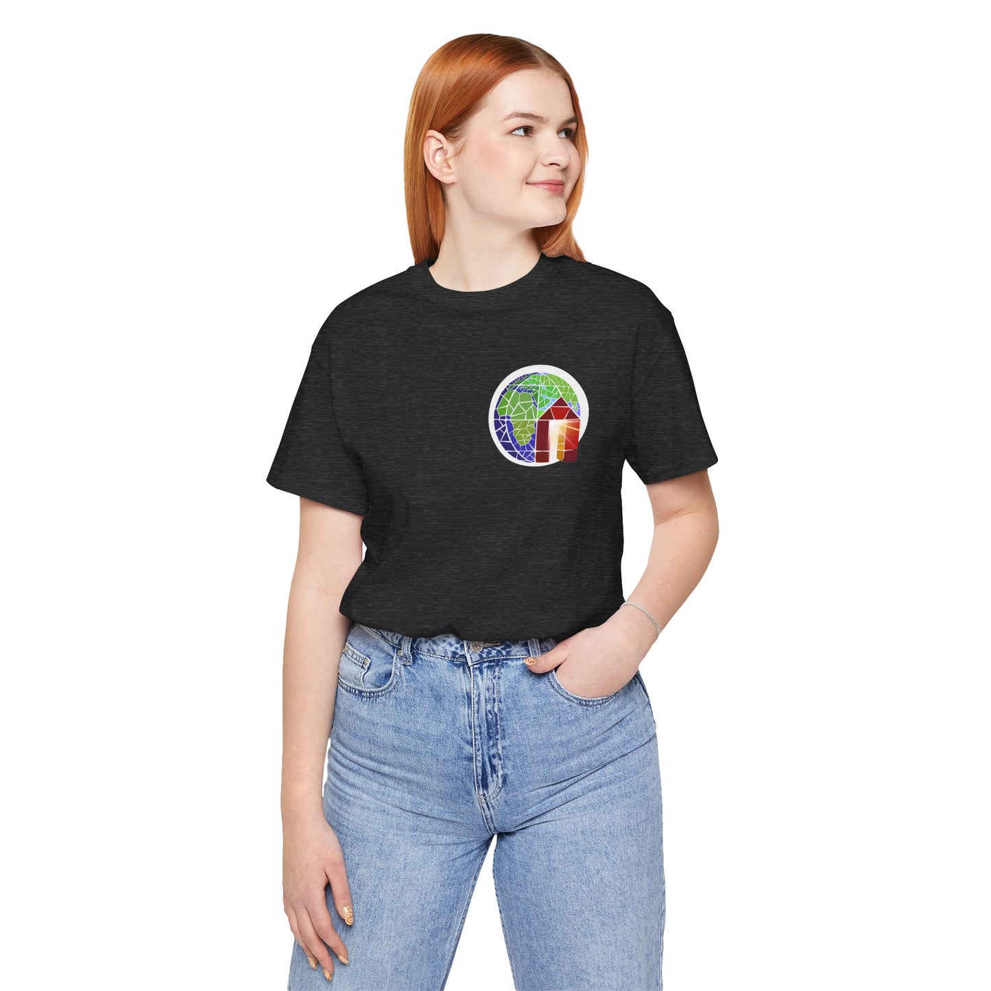 Copy of Large Earth & Cabin Pocket Tee — Small Colorful Globe Cabin Chest Graphic T-Shirt