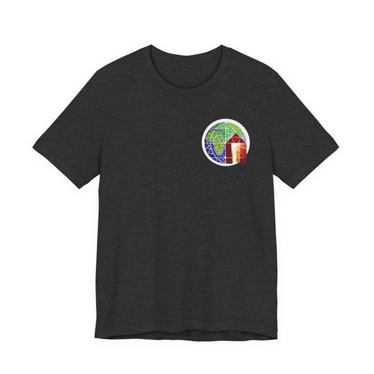 Large Earth & Cabin Pocket Tee — Small Colorful Globe Cabin Chest Graphic T-Shirt