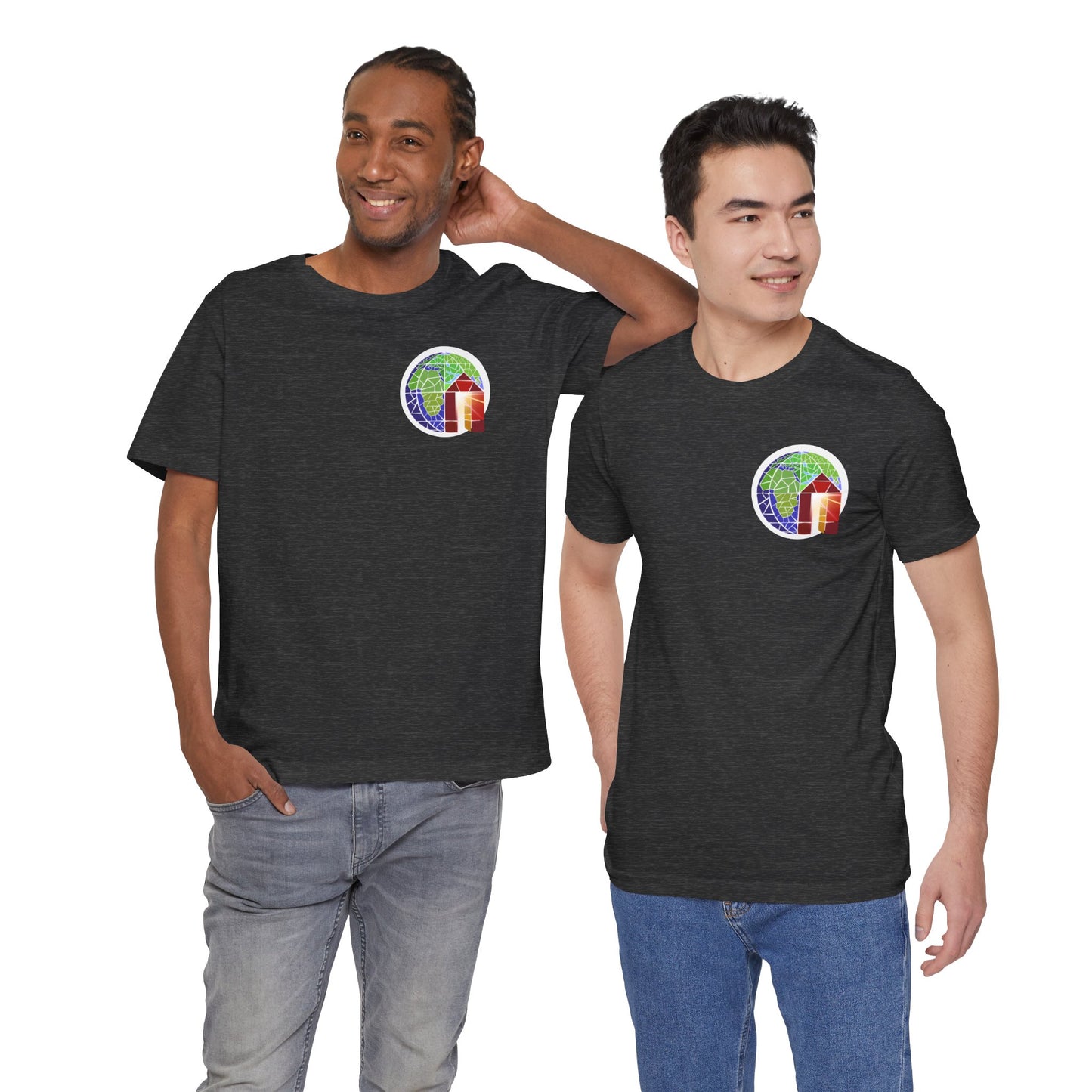 Copy of Large Earth & Cabin Pocket Tee — Small Colorful Globe Cabin Chest Graphic T-Shirt