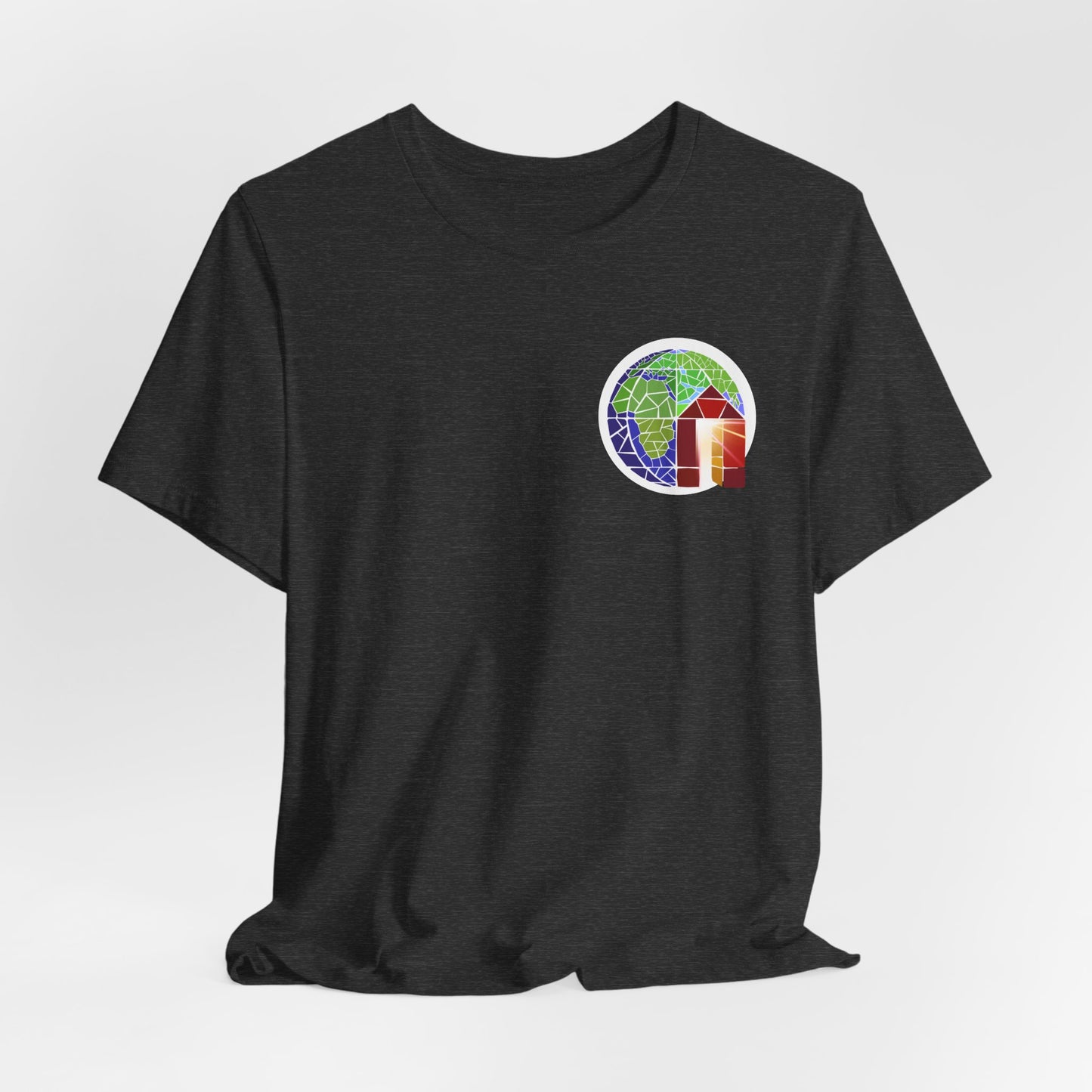 Copy of Large Earth & Cabin Pocket Tee — Small Colorful Globe Cabin Chest Graphic T-Shirt